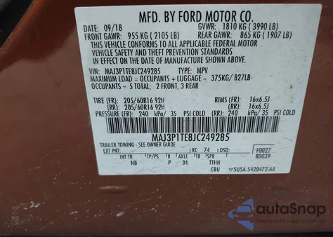 2018 Ford Ecosport Se из США, поврежденный, VIN MAJ3P1TE8JC249285